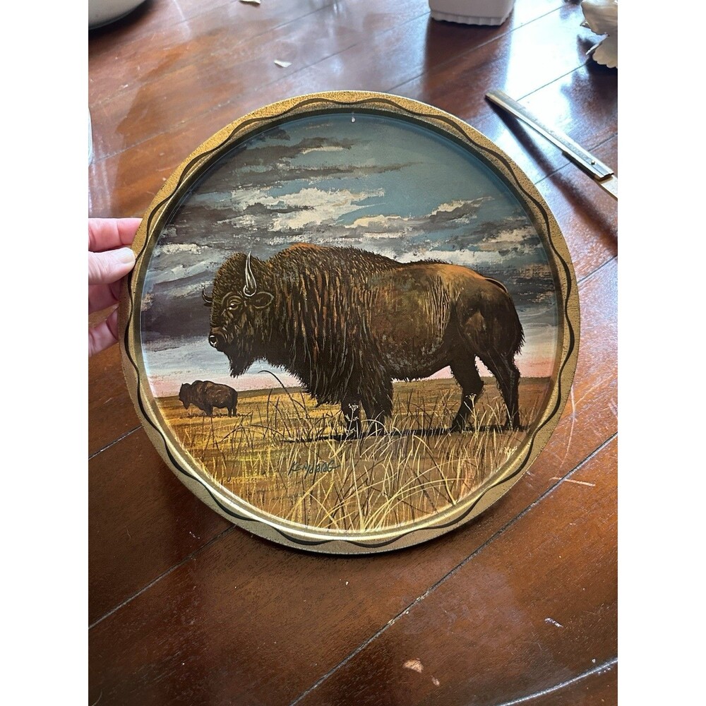 Vintage Ken Haag American Bison Buffalo Serving Tray Litho Metal 11” Wall Decor